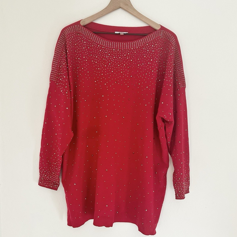 Vila Milano Sweater Womens 1X Red Holiday Christmas Rhinestones Sparkly